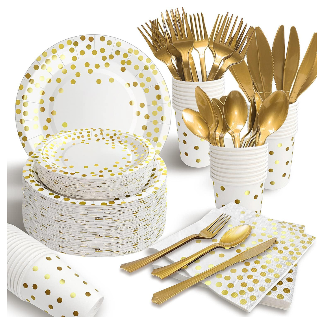 350 Pcs White and Gold Disposable Dinnerware Set