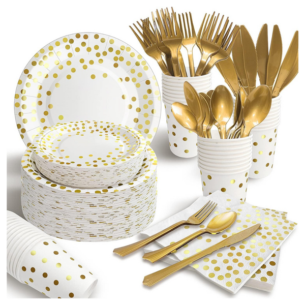 350 Pcs White and Gold Disposable Dinnerware Set