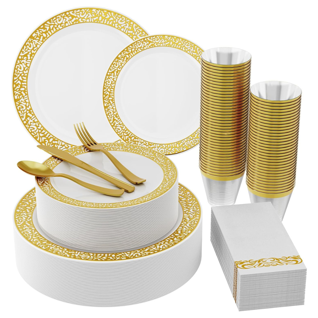 210 Pcs Gold Disposable Dinnerware Set