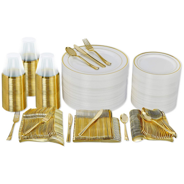 600 Pcs Gold Disposable Dinnerware Set