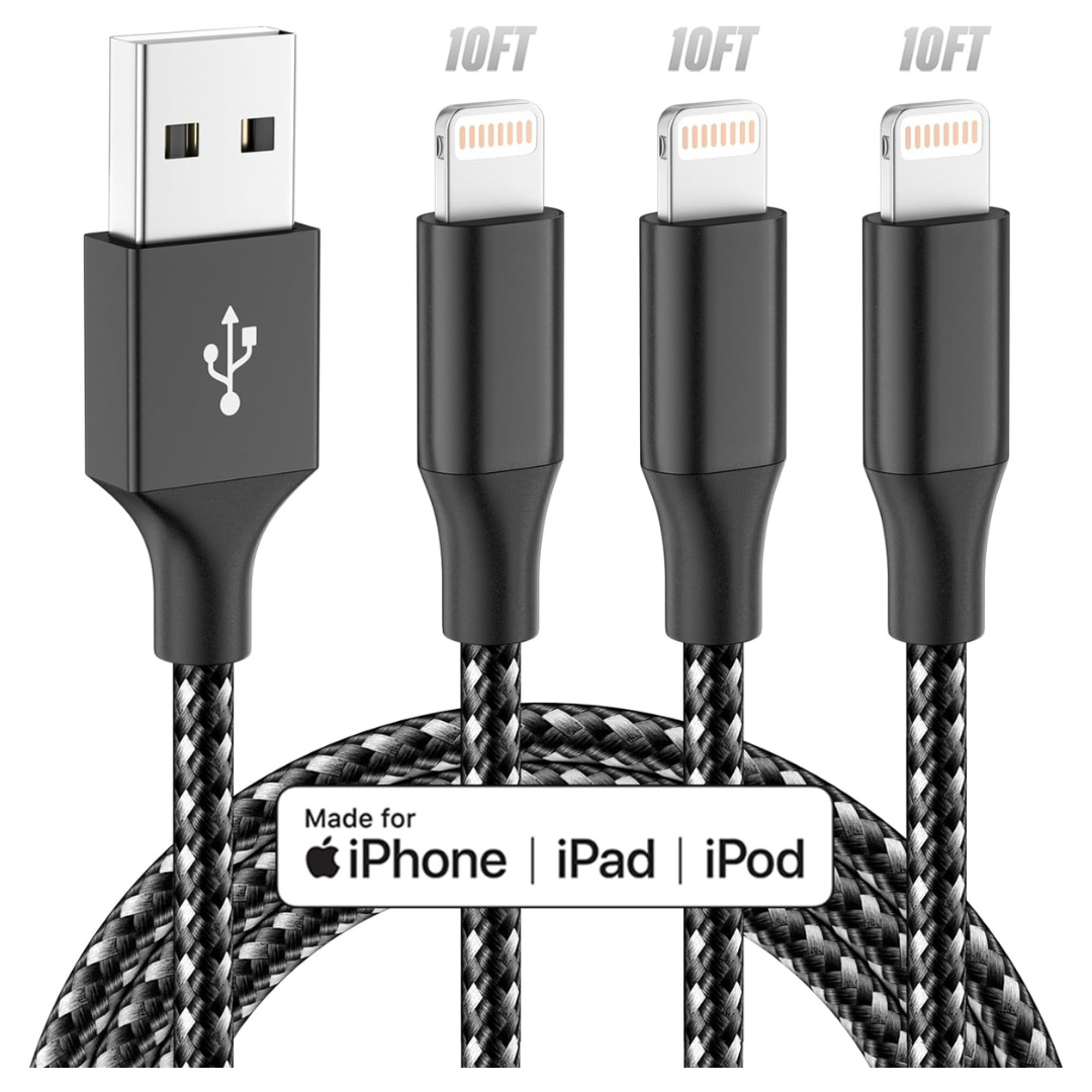 3-Pack 10Ft Fast Charging Apple Lighting Cables