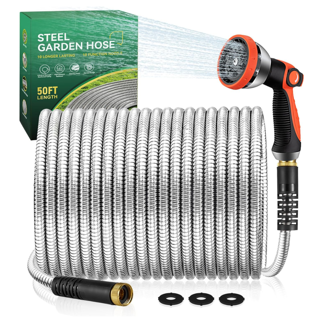50ft Metal Garden Hose With 10 Function Nozzle
