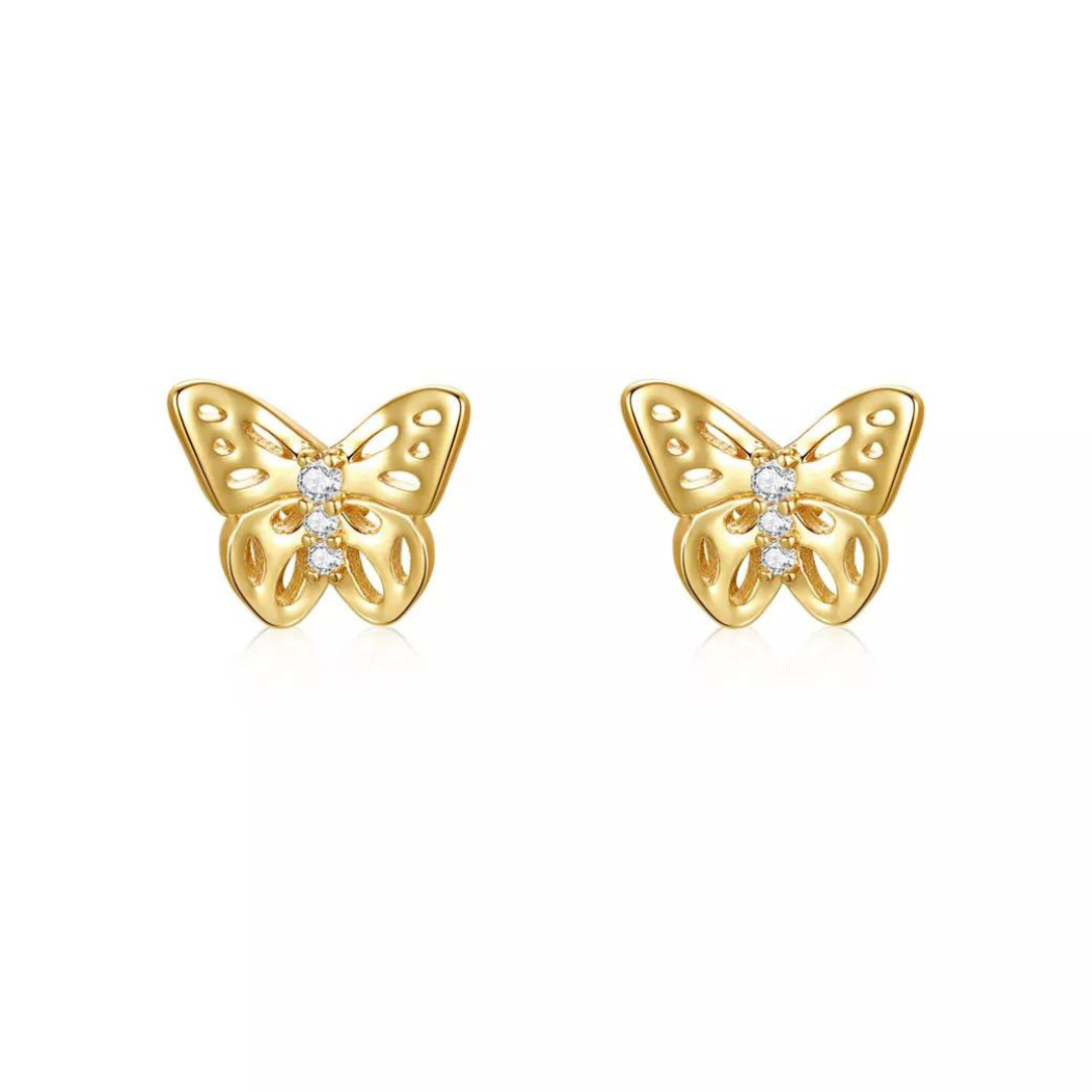 Guili 14k Yellow Gold Plated with Red Or white Cubic Zirconia 3-Stone Filigree Butterfly Stud Earrings