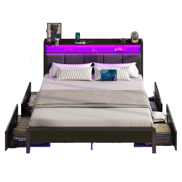 Bed with Storage Headboard, Drawers, Charging Station, LED Lights