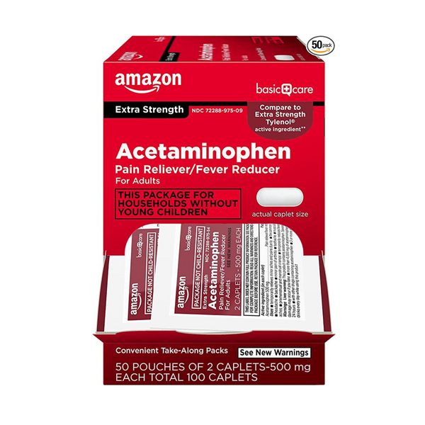 Amazon Basic Care Cápsulas de acetaminofén extra potentes 500 mg (50 paquetes de 2)