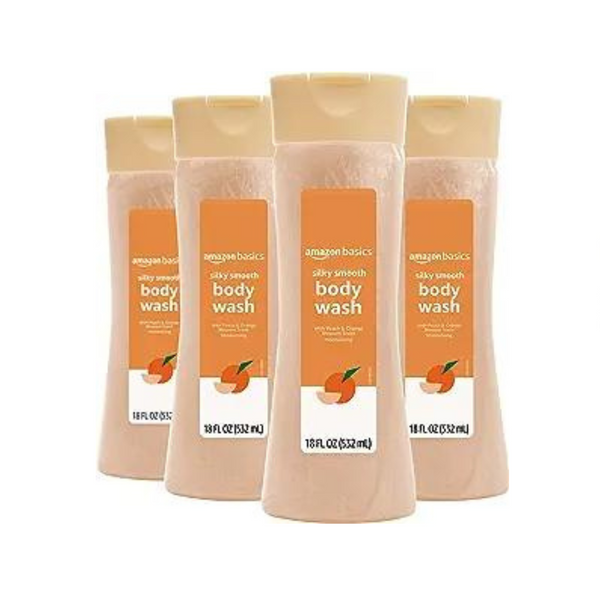 4 Bottles of Amazon Basics Silky Smooth Body Wash, Peach and Orange Blossom Scent (18 Fl Oz Bottles)