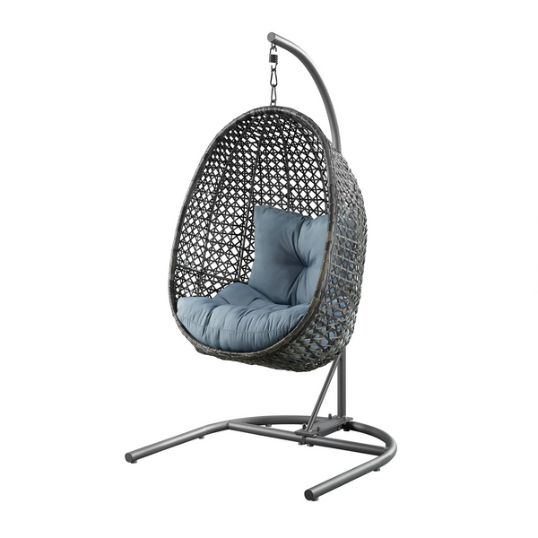 Better Homes & Gardens Lantis Patio Wicker Hanging Egg Chair with Stand - Grey Wicker, Blue Cushion
