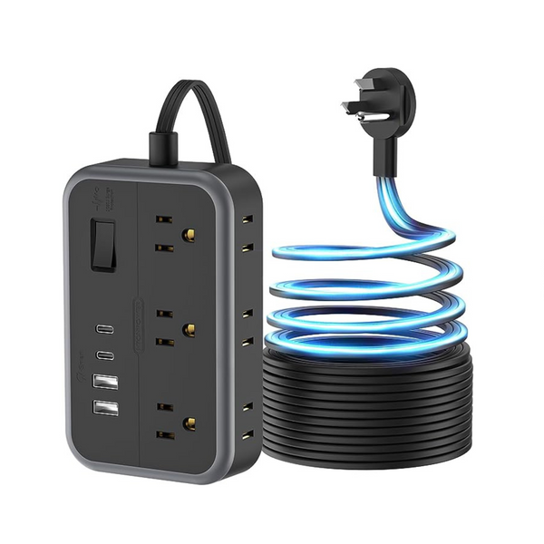 Regleta de alimentación con cable de extensión plano de 15 ′ con 6 salidas, 2 USB-A y 2 USB-C de carga