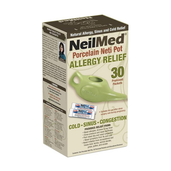 NeilMed Classic Porcelana Neti Pot Verde con 30 paquetes premezclados
