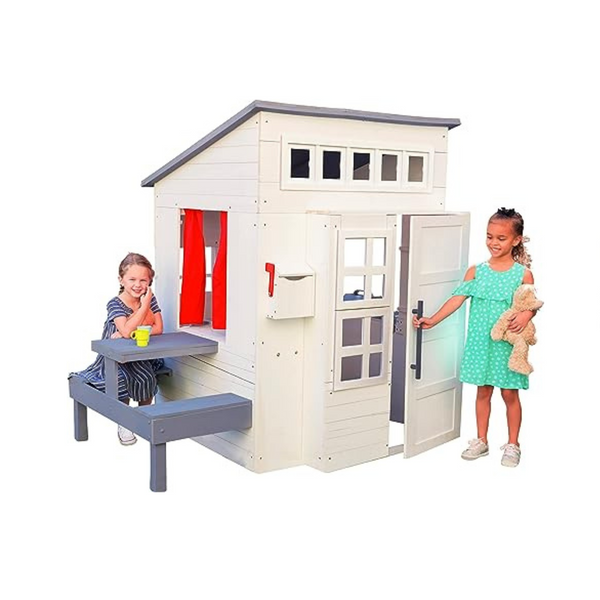 KidKraft Modern Outdoor Wooden Playhouse with Picnic Table, Mailbox and Outdoor Grill