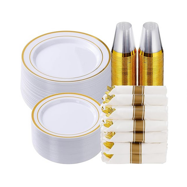 GoodLuck 350 Pcs Gold Plastic Dinnerware Set with Pre Rolled Napkins and Cutlery