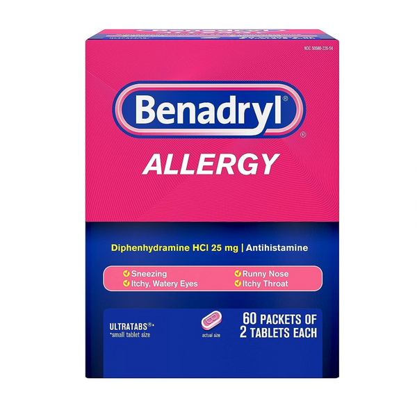 Benadryl Ultratabs Go Packs, tabletas antihistamínicas para alergias con difenhidramina HCl (60 paquetes de 2 tabletas)
