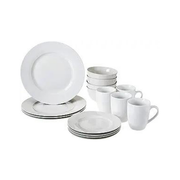 Amazon Basics 16-Piece Porcelain Kitchen Dinnerware Set with Plates, Bowls and Mugs (Service for 4)