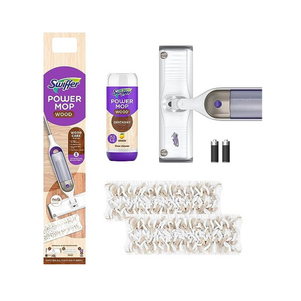 Swiffer PowerMop Wood Mop Kit, Includes Quickdry Solution with Lemon Scent, 2 Mopping Pad Refills