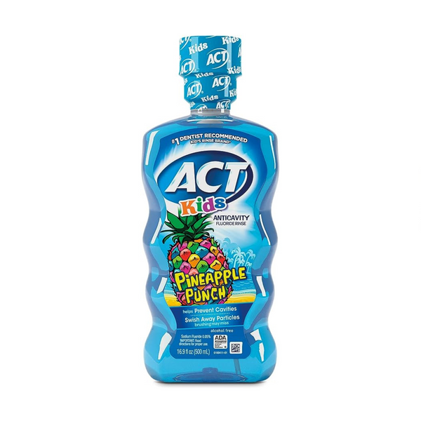 Bottle of ACT Kids Anticavity Fluoride Rinse Pineapple Punch