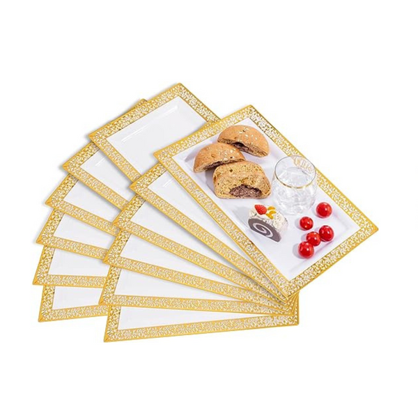 BBG 12 Pcs Plastic Gold Serving Tray & Platter (13.77 * 8.46”)