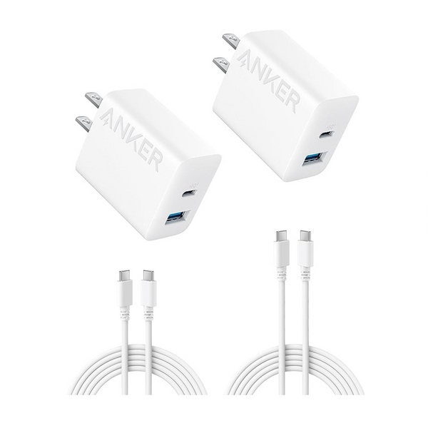 Paquete de 2 cargadores de pared rápidos USB de puerto dual Anker de 20 W con dos cables USB-C de 5 ′ incluidos