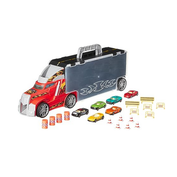 Amazon Basics Toy Car Carrier Truck With Storage, 6-Pieces Diecast Vehicles & 16 Accessories
