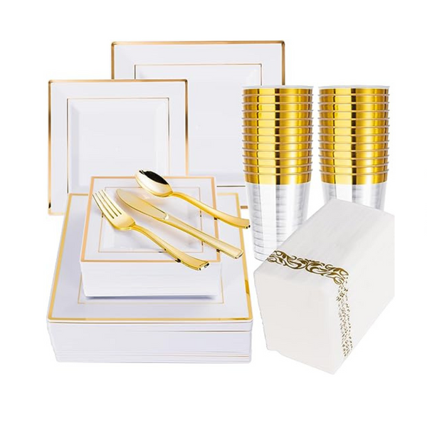 N9R 350 Pcs Gold Plastic Disposable Dinnerware Set (Service for 100)