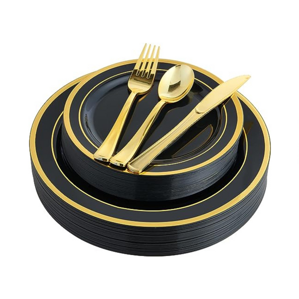 Jolly Chef Juego de vajilla desechable de plástico negro y dorado de 125 piezas (servicio para 25)