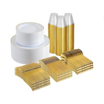 600 Pcs Gold Rimmed Plastic Disposable Dinnerware Set (Service for 100)