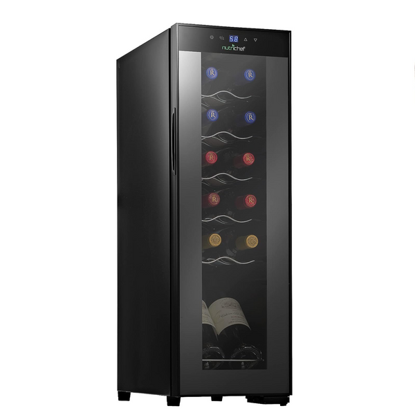 NutriChef White & Red Freestanding Countertop Compact Mini Wine Fridge Chiller 12 Bottle Capacity