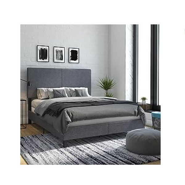 Gray Linen Queen Upholstered Platform Bed with Modern Vertical Stitching