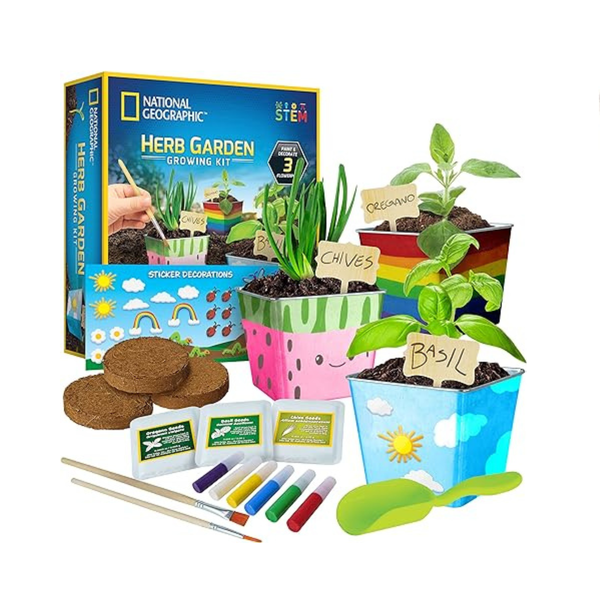 NATIONAL GEOGRAPHIC Herb Growing Kit for Kids – Decorate 3 Pots