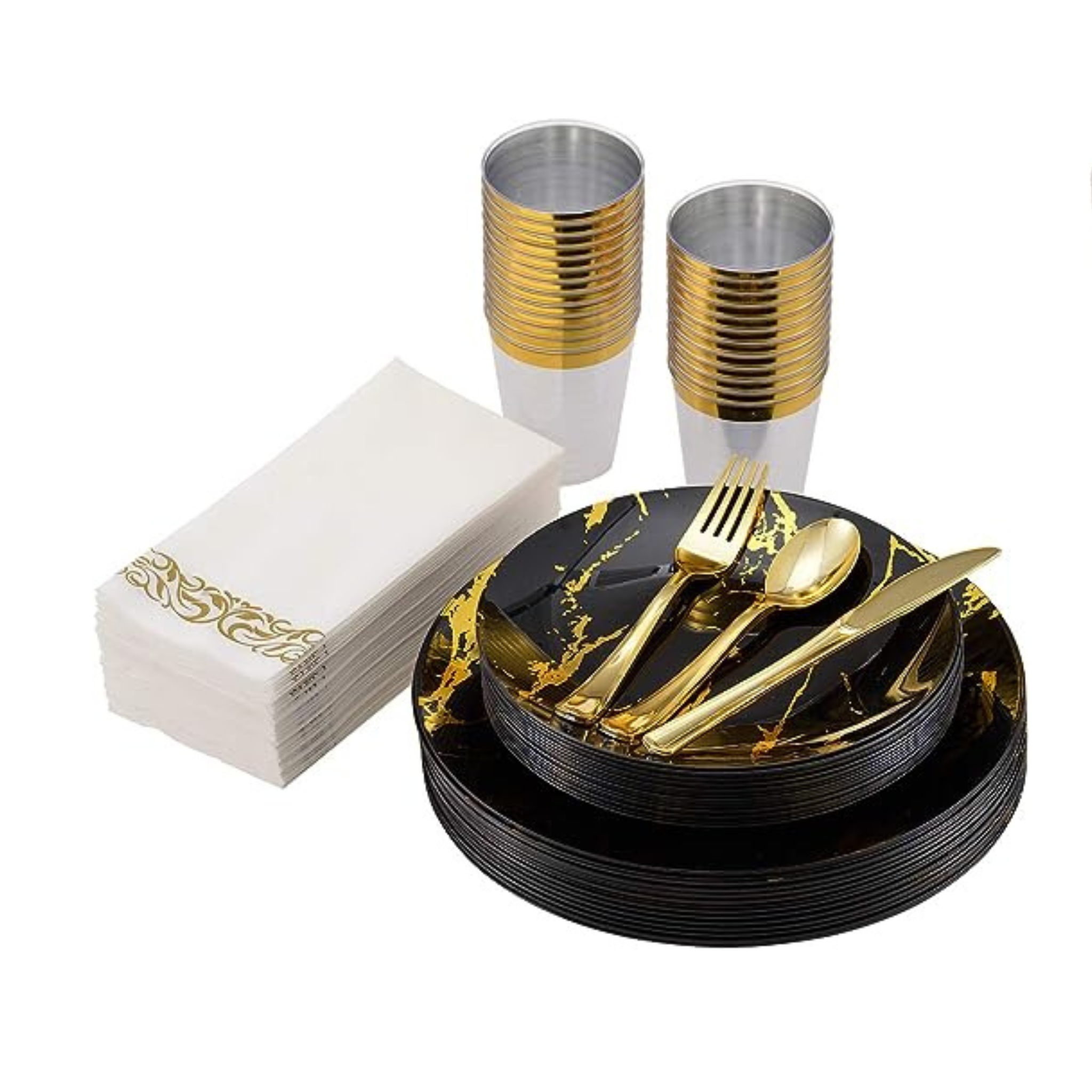 175-Pc Black and Gold Marbling Plastic Plates Disposable Dinnerware Set