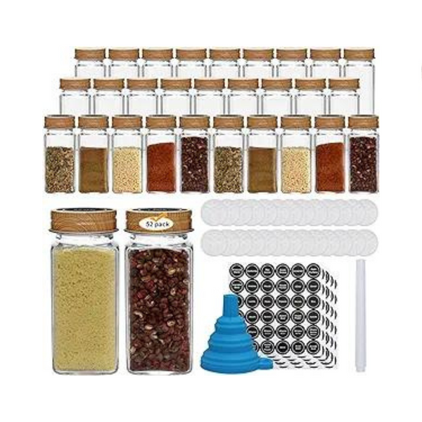 52 Piece Glass Spice Jars with Lids and Labels