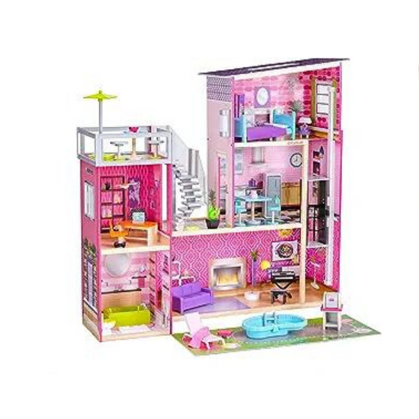 KidKraft Uptown Casa de muñecas moderna de madera con luces y sonidos, piscina y 36 accesorios