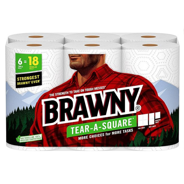 Toallas de papel Brawny Tear-A-Square (6 rollos triples = 18 rollos regulares)