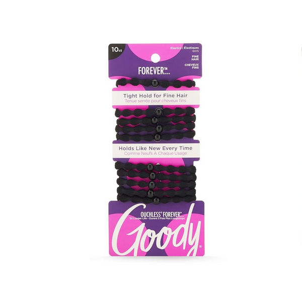 Goody Forever Ouchless - Corbata elástica para cabello fino, 10 unidades, color negro