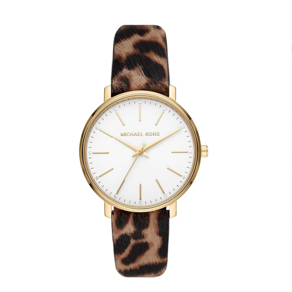 Michael Kors Reloj Pyper de acero inoxidable en tono dorado y correa de cuero con estampado de guepardo para mujer