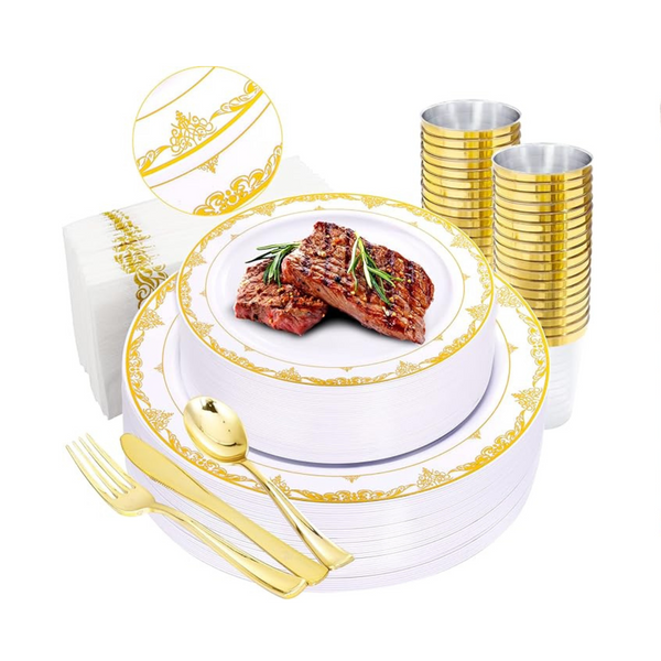 Juego de platos de plástico dorados de 175 piezas y cubiertos desechables dorados