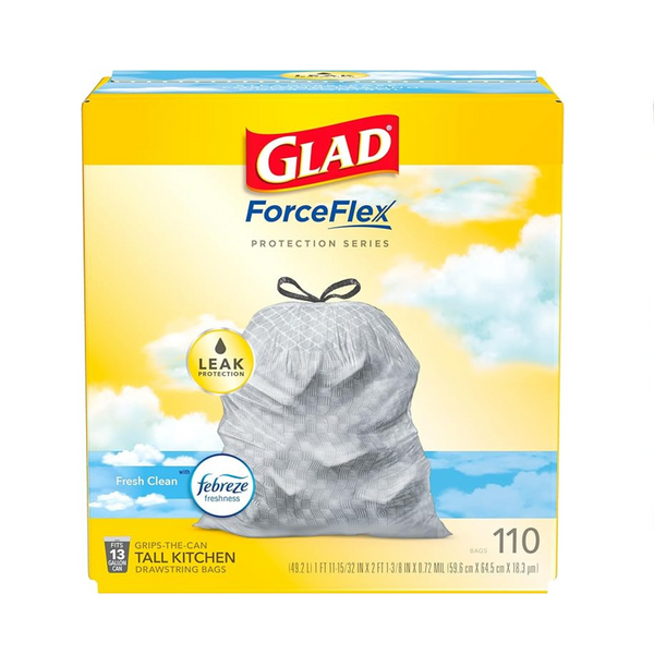 3 Boxes of Glad ForceFlex Tall Kitchen Drawstring Trash Bags, Fresh Clean Scent with Febreze (13 Gal, 110 Ct)