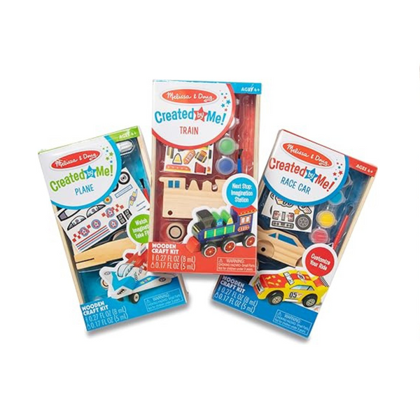 Melissa & Doug Decorate-Your-Own Wooden Craft Kits Set – Plane, Train, and Race Car