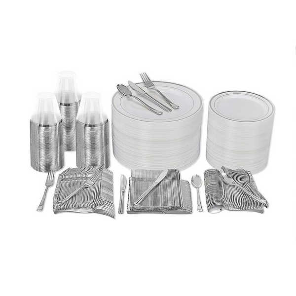 Prestee 600 Pcs Silver Plastic Dinnerware Set (100 Guests) PzDeals