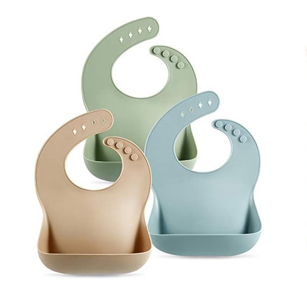 PandaEar Set of 3 Cute Silicone Baby Bibs (Brown/Blue/Green)