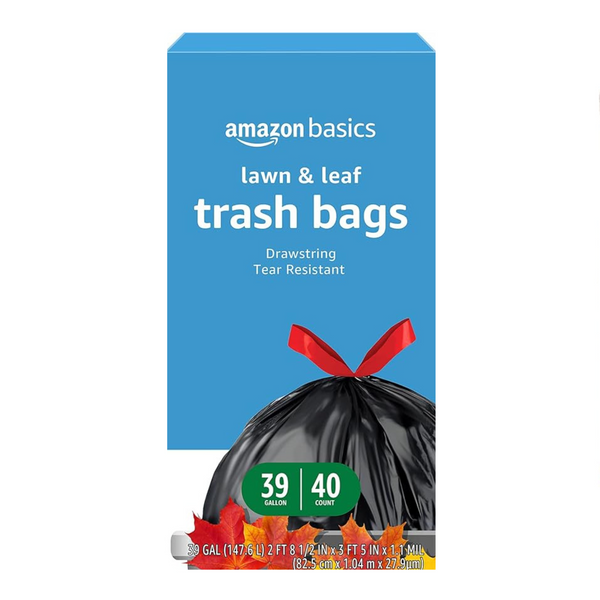 Amazon Basics Lawn & Leaf Drawstring Trash Bags, Unscented, 39 Gallon, 40 Count