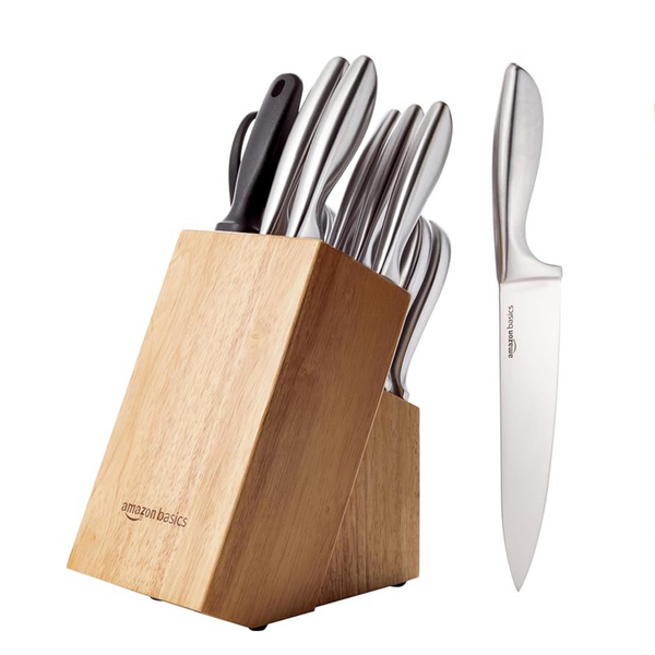 Amazon Basics Juego de cuchillos de acero inoxidable de 18 piezas con agarre cómodo y bloque
