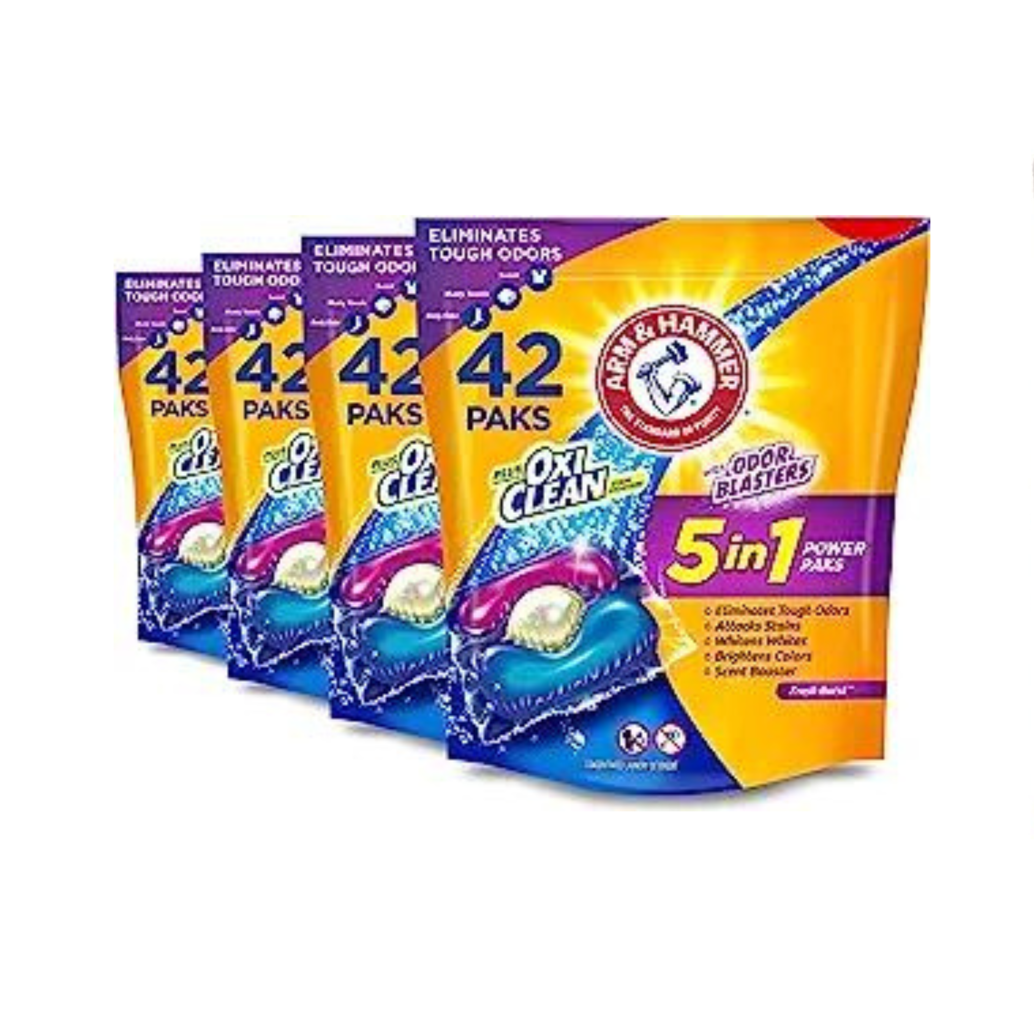 4-Pack 42-Count Arm & Hammer Plus OxiClean w/ Odor Blasters 5-in-1 Laundry Detergent Power Paks