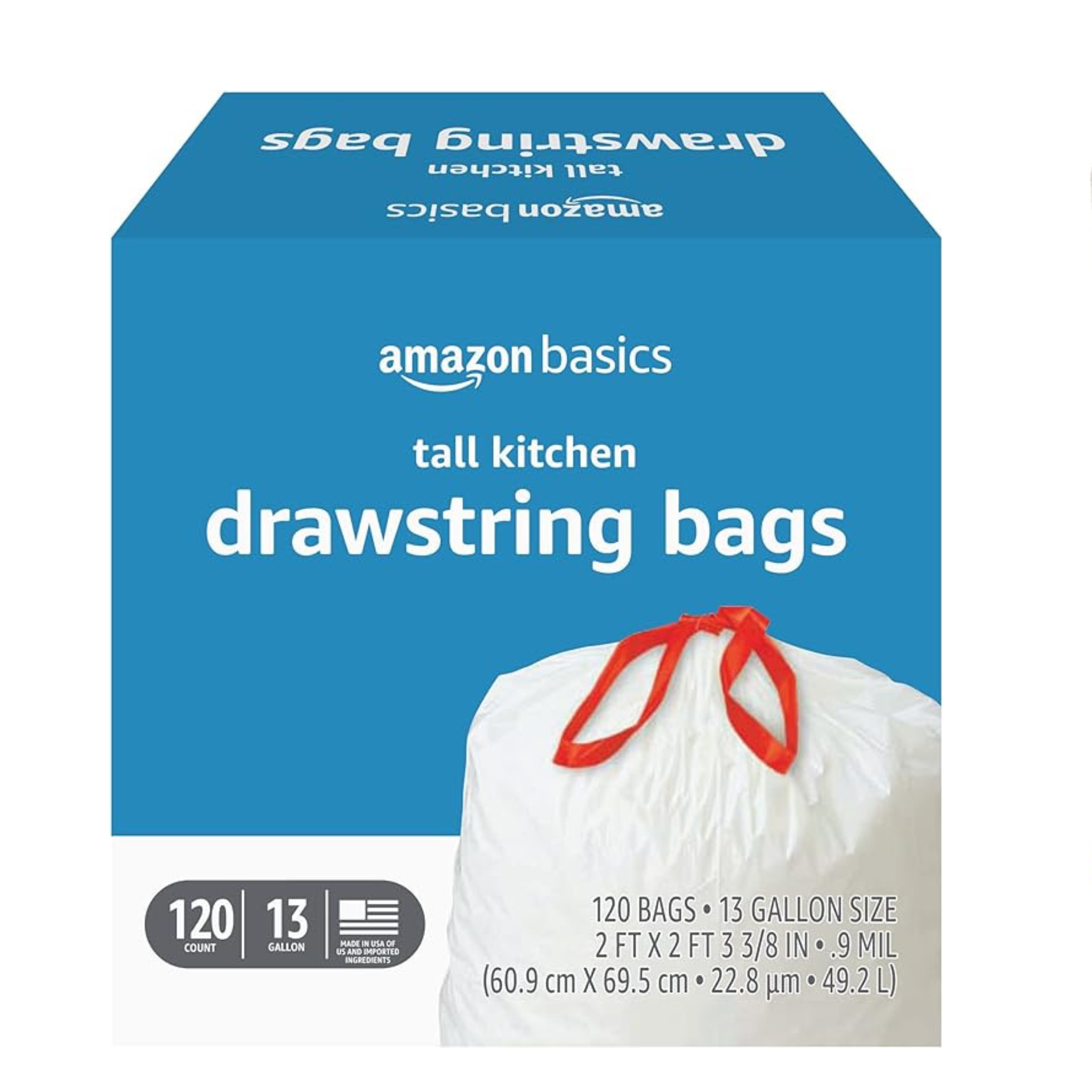 Amazon Basics Tall Kitchen Drawstring Trash Bags, 13 Gallon, Unscented, 120 Count