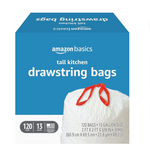 Amazon Basics Bolsas de basura altas con cordón para cocina, 13 galones, sin perfume, 120 unidades