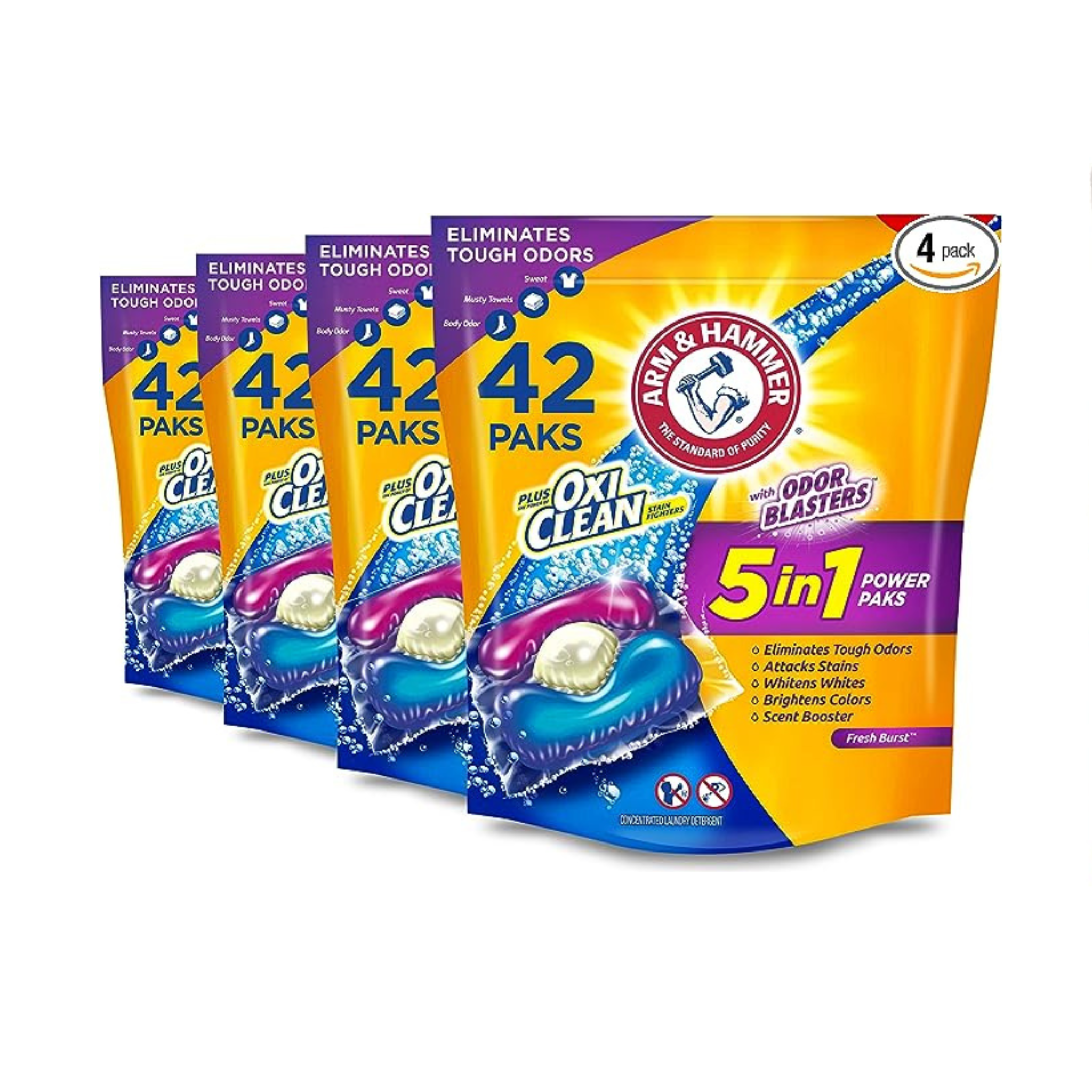 4 Packs of 42-Ct Arm & Hammer Plus OxiClean Laundry Detergent Power Paks