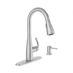 Grifo de cocina abatible Moen Essie con dispensador de jabón (acero inoxidable resistente a manchas)