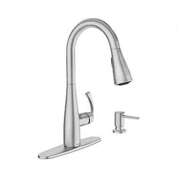 Grifo de cocina abatible Moen Essie con dispensador de jabón (acero inoxidable resistente a manchas)