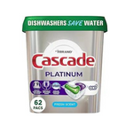 Cascade Platinum Dishwasher Soap Pods, Actionpacs + Oxi with Dishwasher Cleaner and Deodorizer Action, Fresh (62 Count)