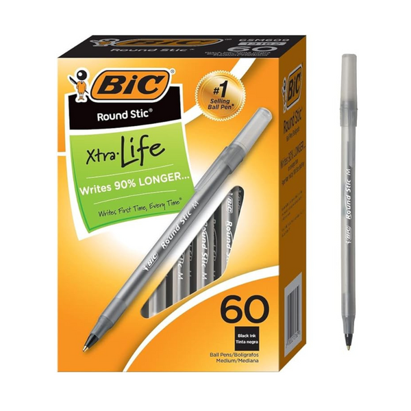 Bolígrafos BIC Round Stic Xtra Life, negro, 60 unidades