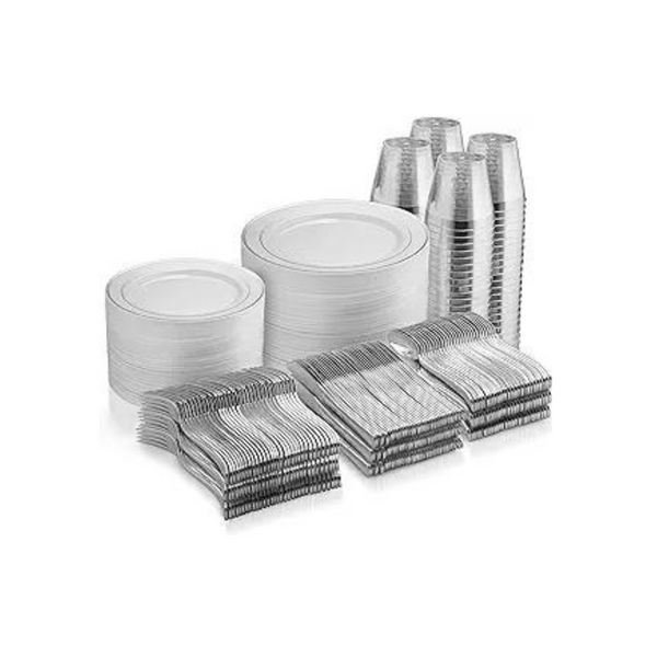 Munfix Juego de vajilla desechable de plástico plateado de 600 piezas (servicio para 100)